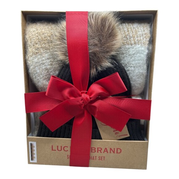 Lucky Brand Hat and Scarf Set Brown Ribbed Beanie W/Faux Fur Pom & Plaid Scarf - Picture 5 of 6